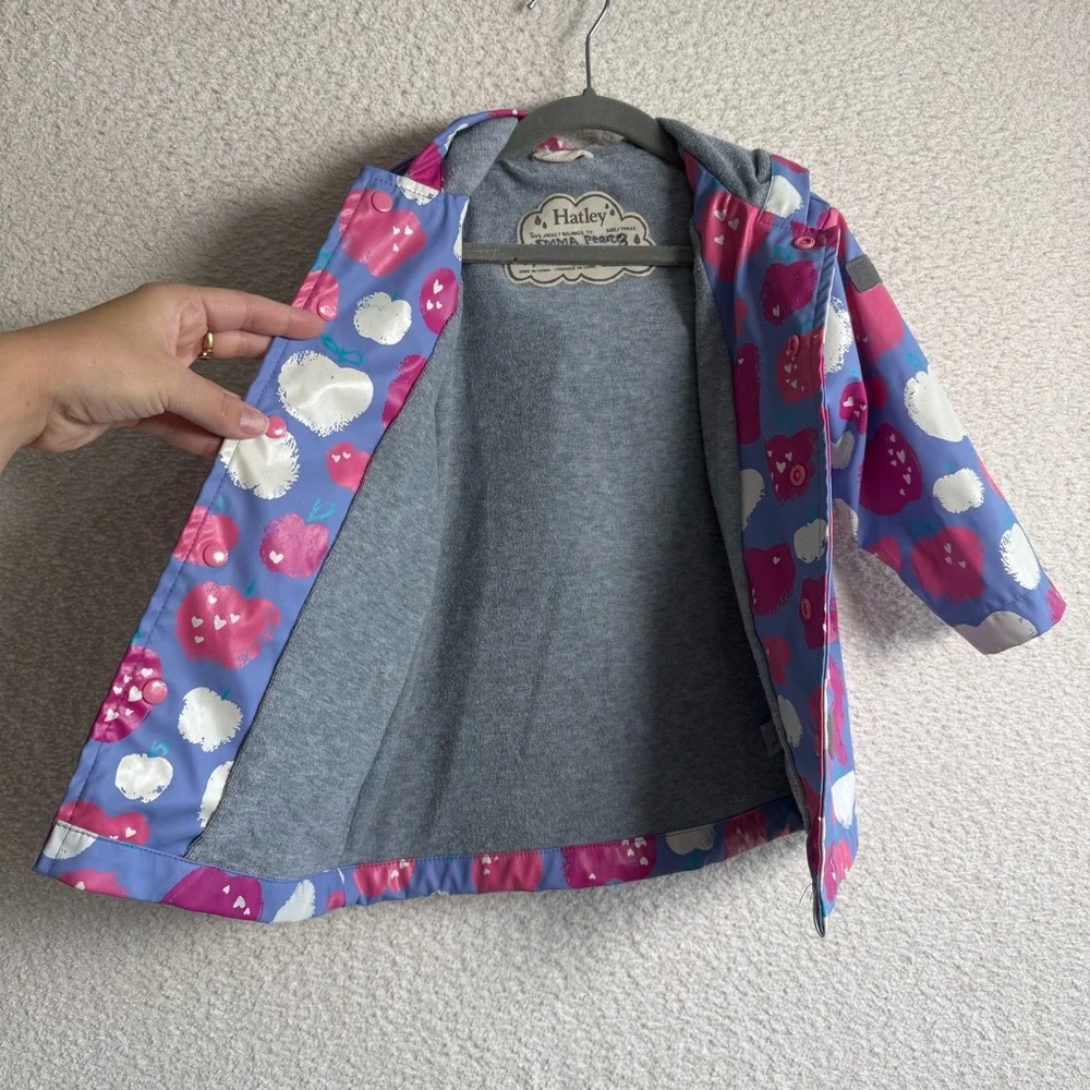 Hatley Baby Terry‎ Lined Purple Apple Heart Print Raincoat Size 3T